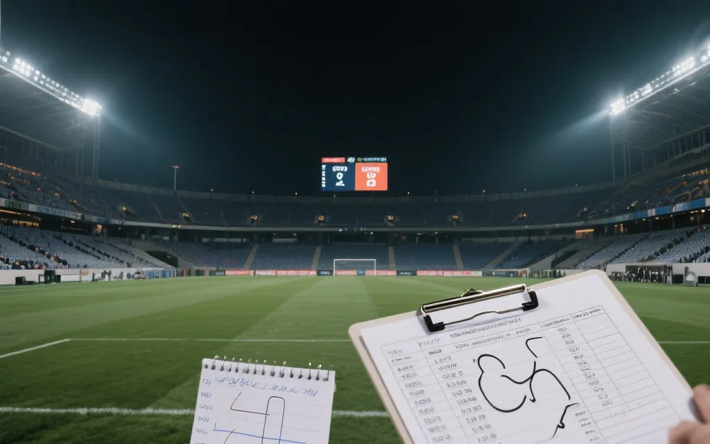 世界杯淘汰赛夜晚球场，记分牌与战术笔记叠加的视觉概念图