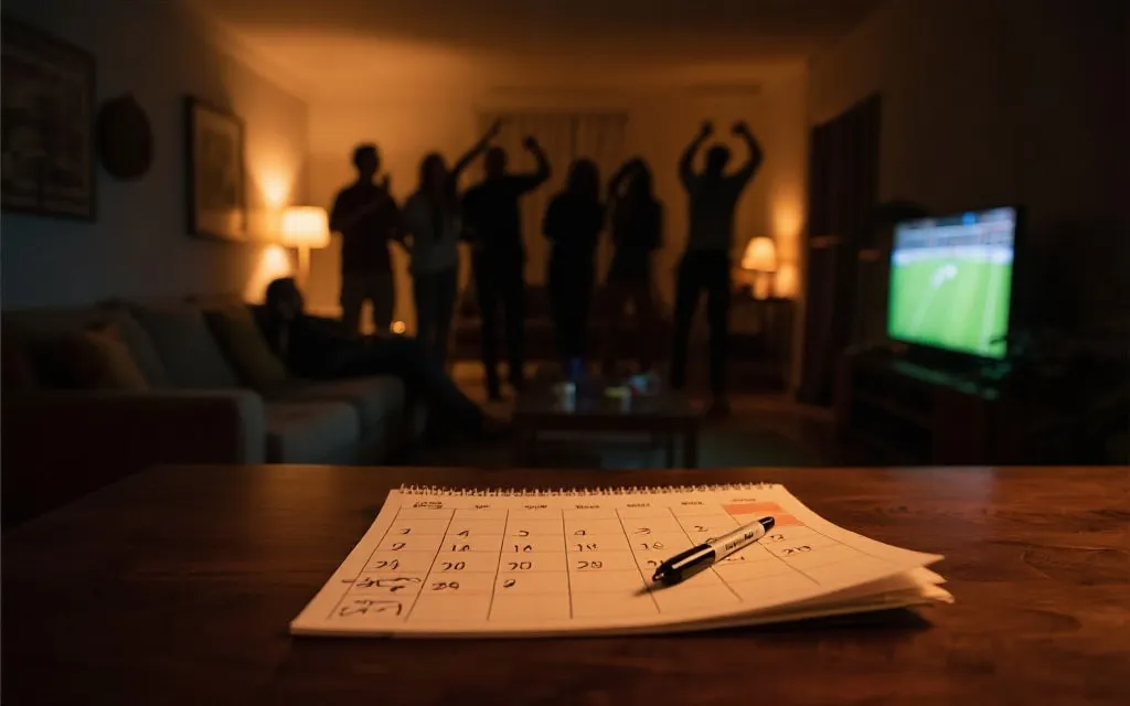 夜晚客厅观赛氛围：日历标注关键比赛日与淘汰赛紧张时刻
