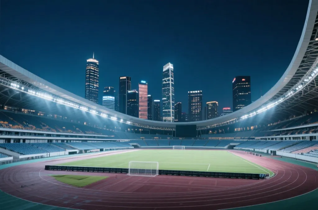 现代体育场夜景与城市天际线，展示大型赛事承办氛围